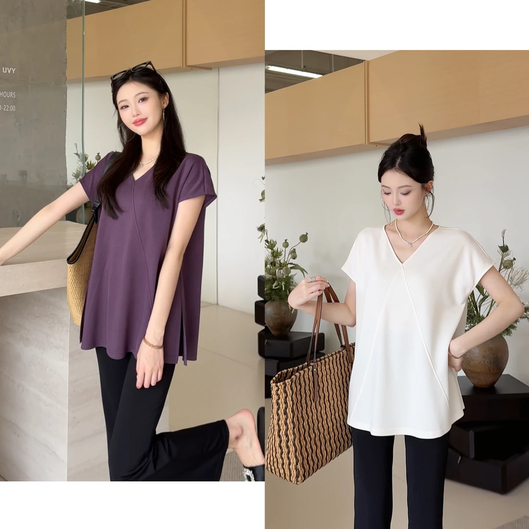 「子熙原创」开叉V领冰凉短袖上衣女2025夏季宽松中长款打底衫4636