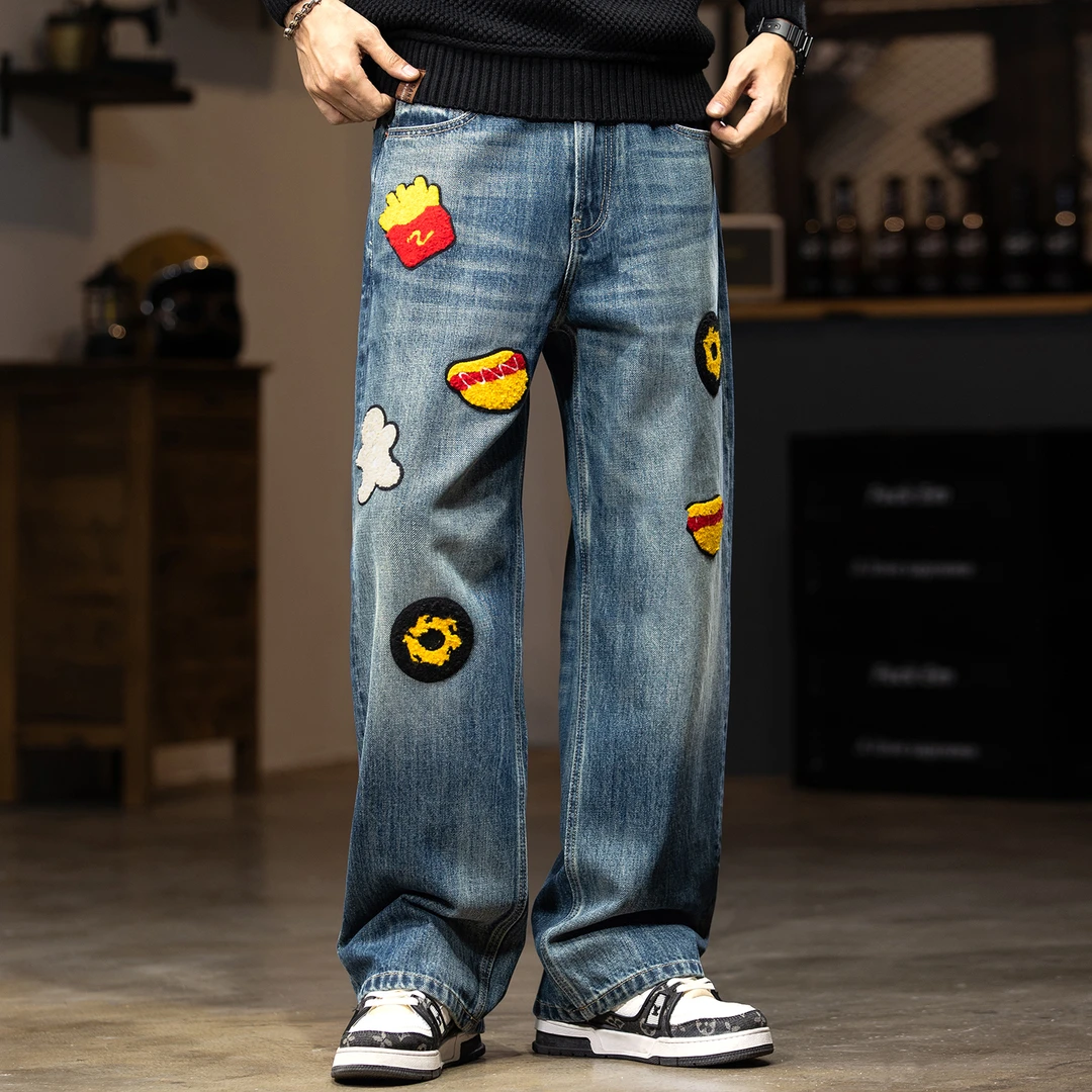 MR.MUDI/穆迪先生秋季新款美式牛仔裤男创意刺绣潮流休闲裤高街
