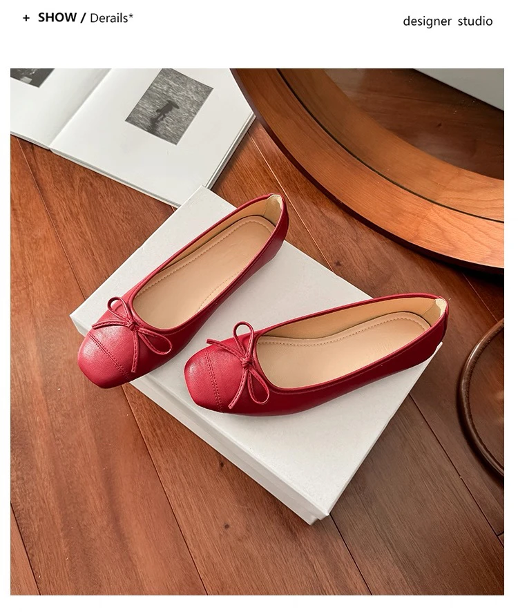 单鞋平底鞋女巨柔软皮春秋款浅口圆头蝴蝶结芭蕾舞小红鞋