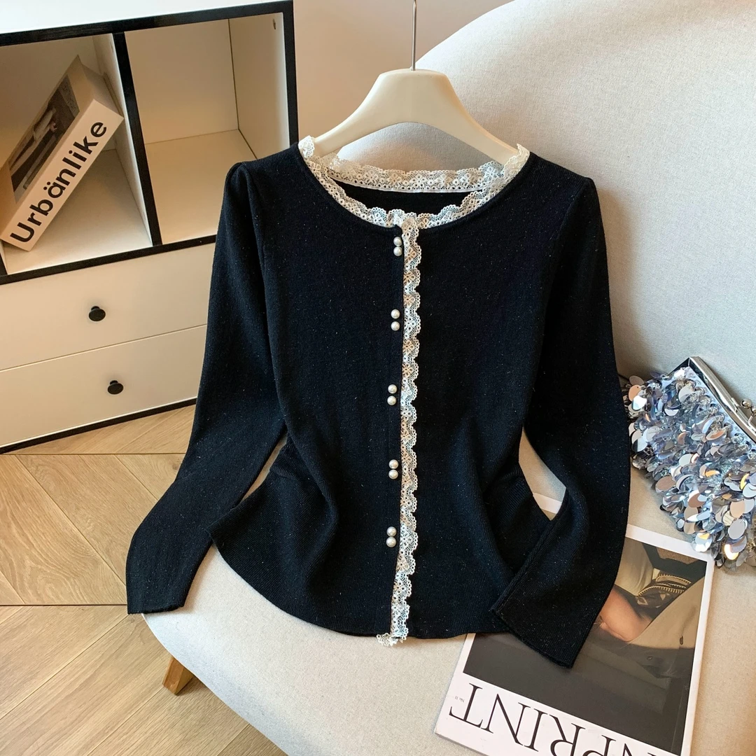 胖mm大码蕾丝花边拼接长袖针织打底衫女秋季新款收腰显瘦内搭上衣