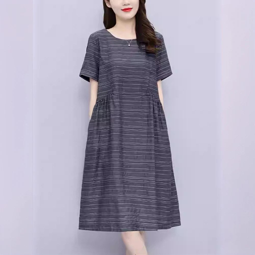 异径法国轻奢大码显瘦条纹棉麻连衣裙2025夏季新款宽松短袖中长裙
