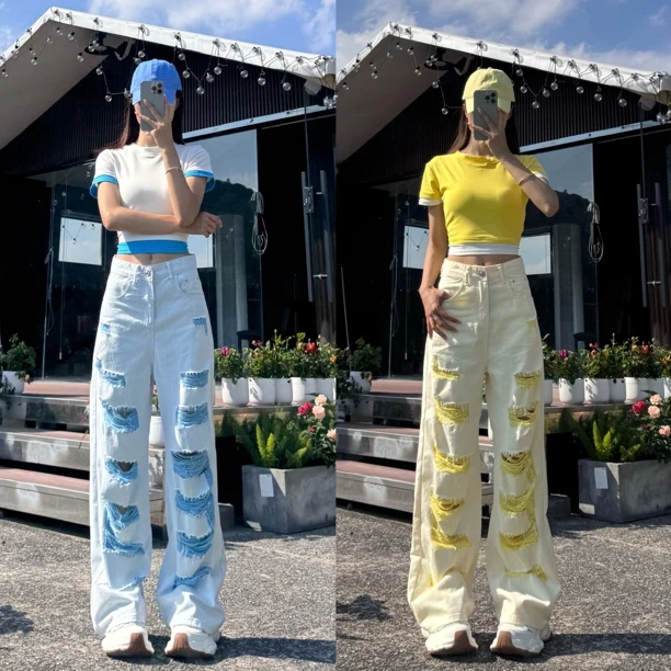 橙子·夏日多巴胺破洞薄款牛仔直筒阔腿裤