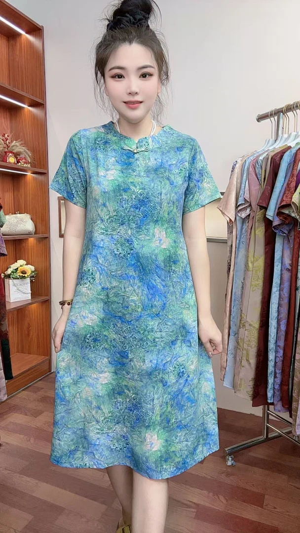 【琉璃】夏季新款时尚气质显瘦百搭蓝色中长款连衣裙