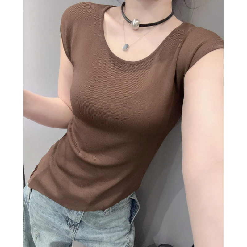 侧边抽绳冰丝针织衫短袖女高级感洋气百搭紧身收腰半袖上衣夏欧货