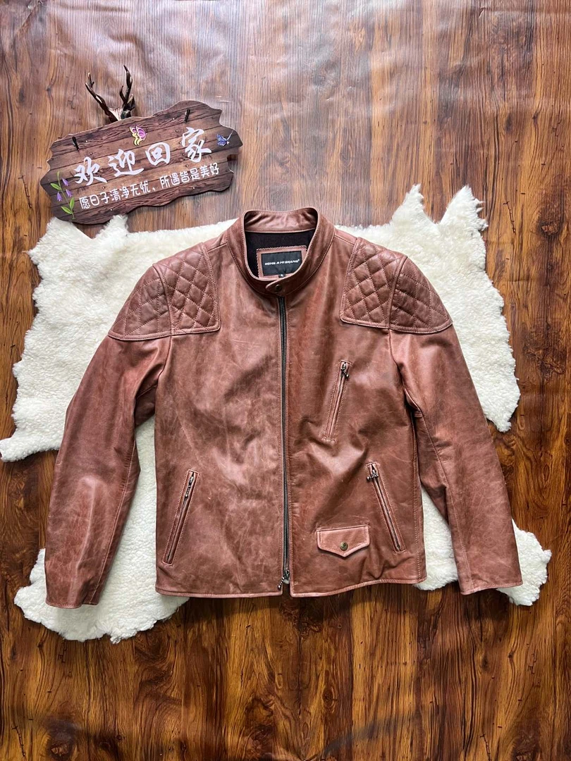 阿美咔叽美式油蜡牛皮毒贝男士真皮机车服