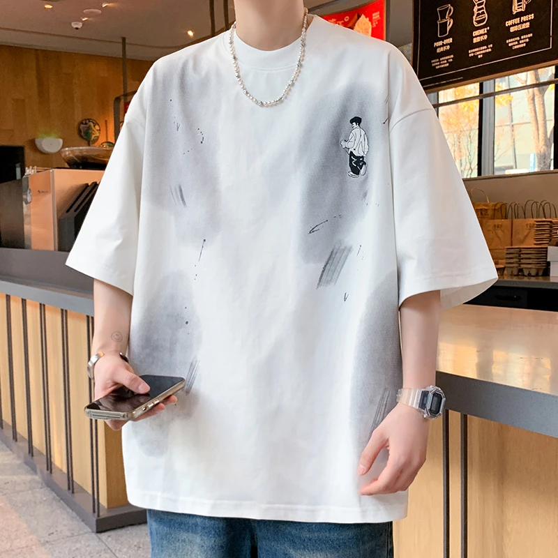 青少年拼色设计个性扎染休闲潮流短袖T恤男夏季薄款宽松百搭半袖