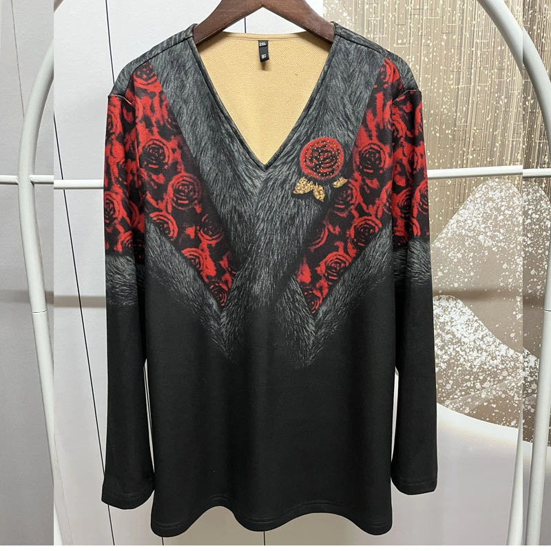 5609大码女装200斤上衣T恤冬季v领双面绒时尚百搭洋气显瘦打底衫