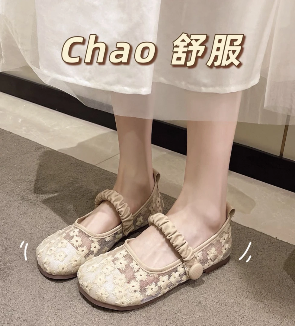 老北京布鞋女夏季一脚蹬配裙子网纱凉鞋蕾丝透气镂空渔夫包头凉鞋