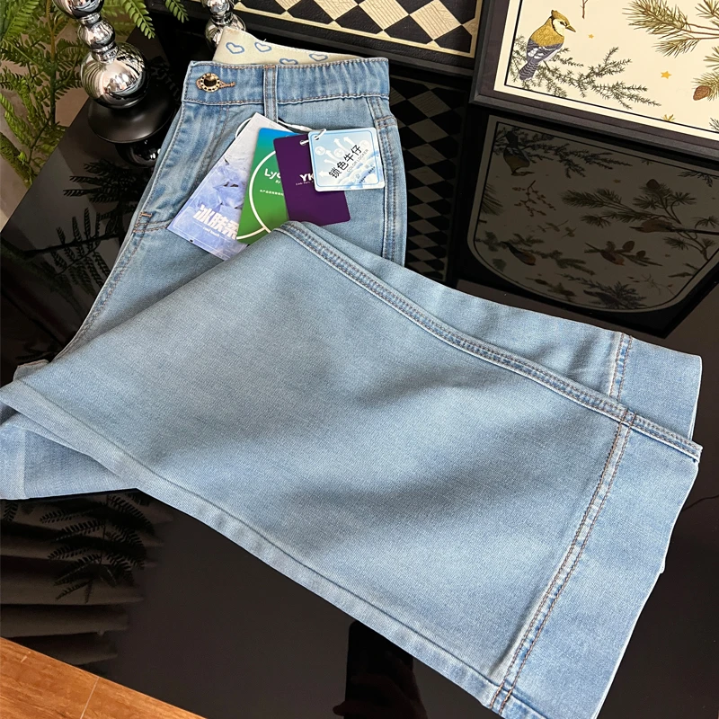 夏季薄款牛仔裤女2025新款宽松直筒裤微胖小个子浅色九分裤天丝