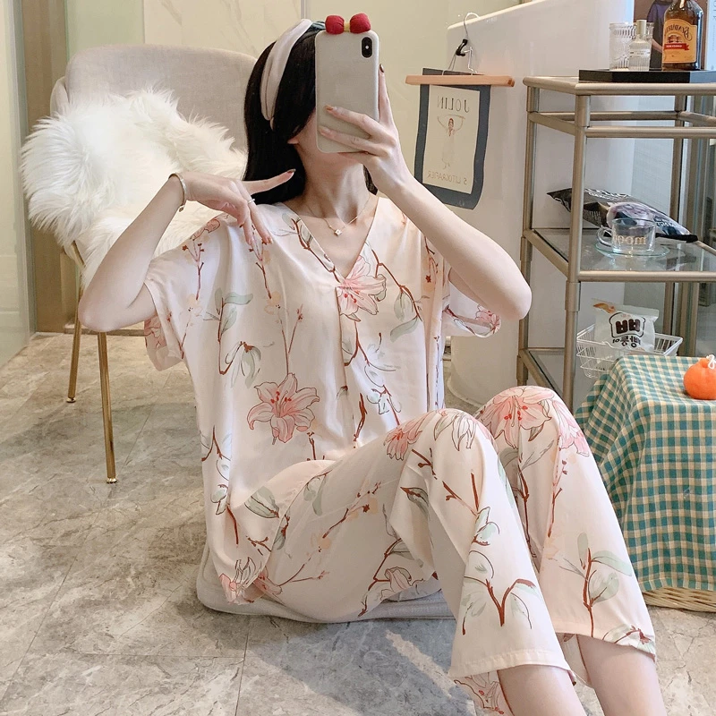 【短袖长裤套装】棉绸套头睡衣女士夏季薄款家居服人造绵空调服套装