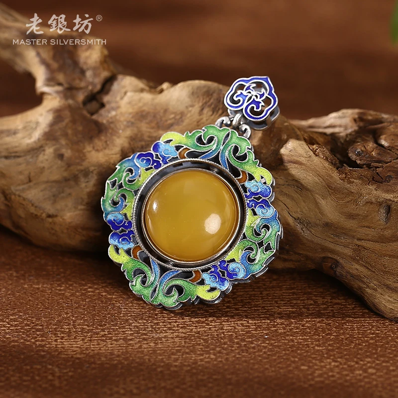 【老银坊】s925银珐琅蜜蜡双面花纹转动牌 00231467