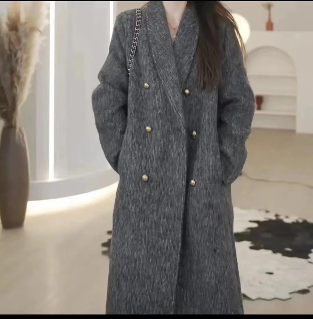 【扣号下单】韩版秋冬立领双排扣不规则长款宽松大衣女高级感外套