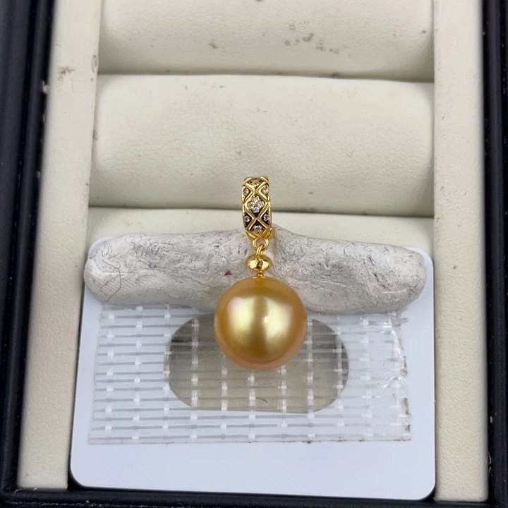 银S925镶嵌海水珍珠颈饰炫彩正圆金珠12.5mm