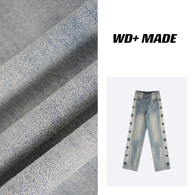 时尚高级小众设计师侧边刺绣高腰显瘦阔腿直筒牛仔裤