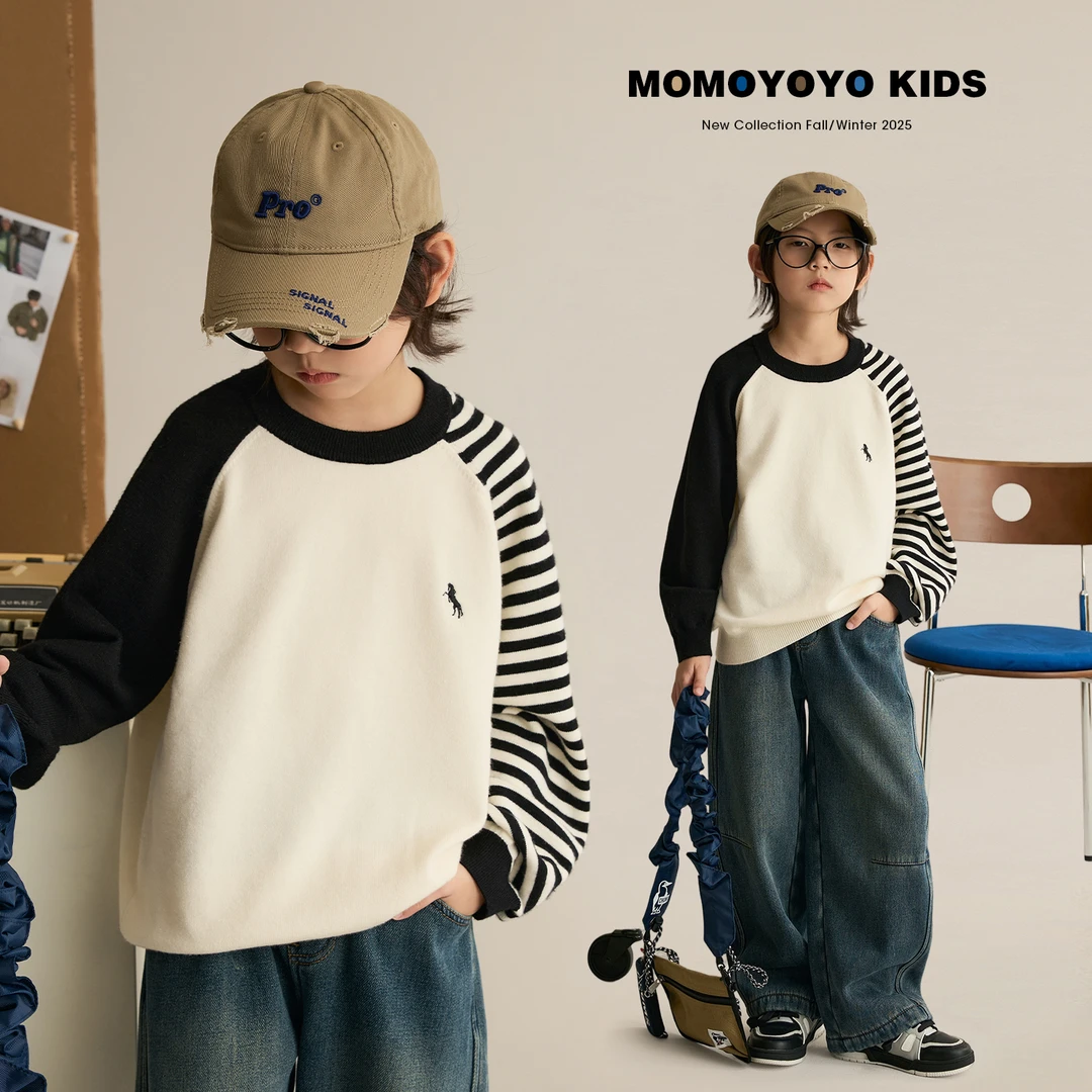 辰辰妈【希望】儿童圆领毛衣秋冬装撞色插肩袖男女童保暖上衣8942D