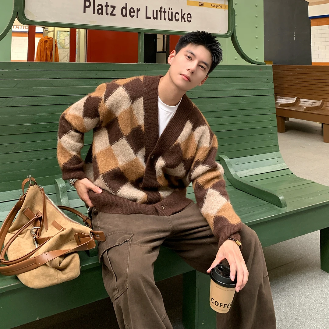 Holocene美式潮牌撞色菱格长袖开衫毛衣男秋冬宽松针织衫MC8617