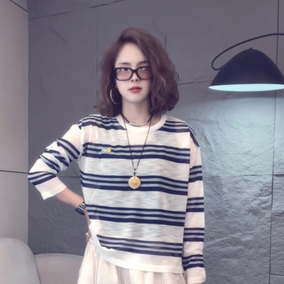 聪聪6601夏季新款百搭长袖宽松条纹针织上衣T恤
