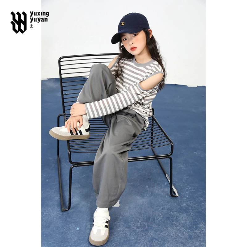 雨星雨嫣女童套装夏季2025新款大童儿童洋气露肩长袖休闲裤两件套