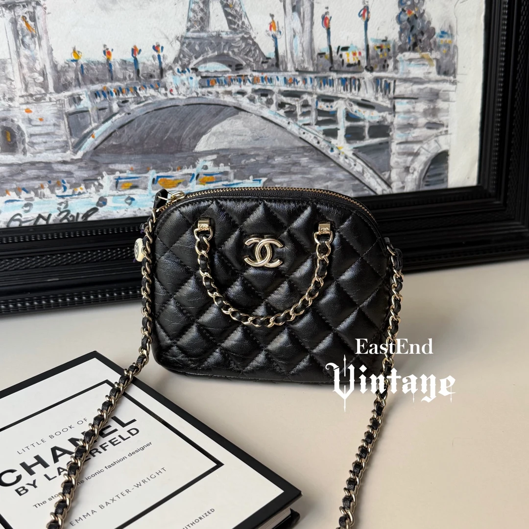 95新 Chanel/香奈儿 東区-黑金油蜡皮手提mini贝壳单肩包/45489