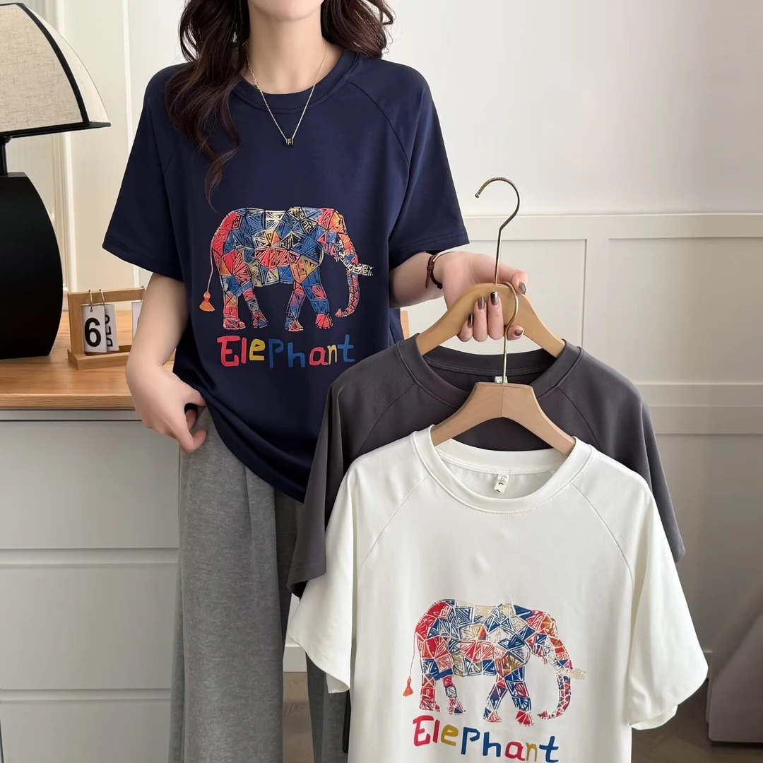 大码百搭时尚显瘦气质印花圆领纯色短袖T恤