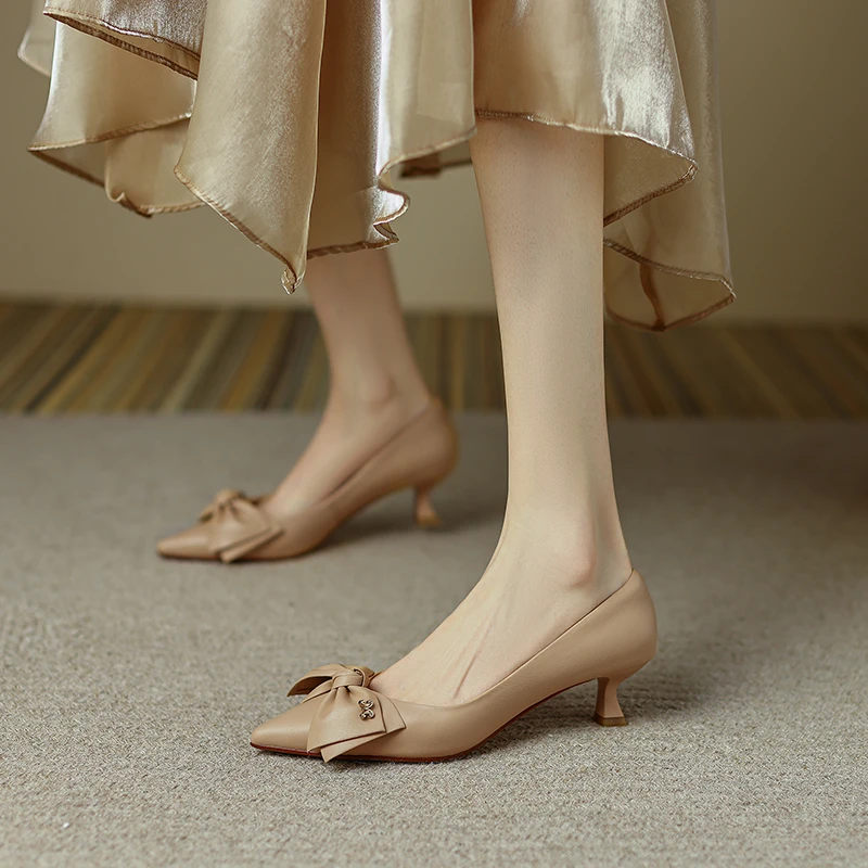 4厘米法式蝴蝶结高跟鞋细跟真皮杏色配裙子单鞋春尖头不累脚女鞋