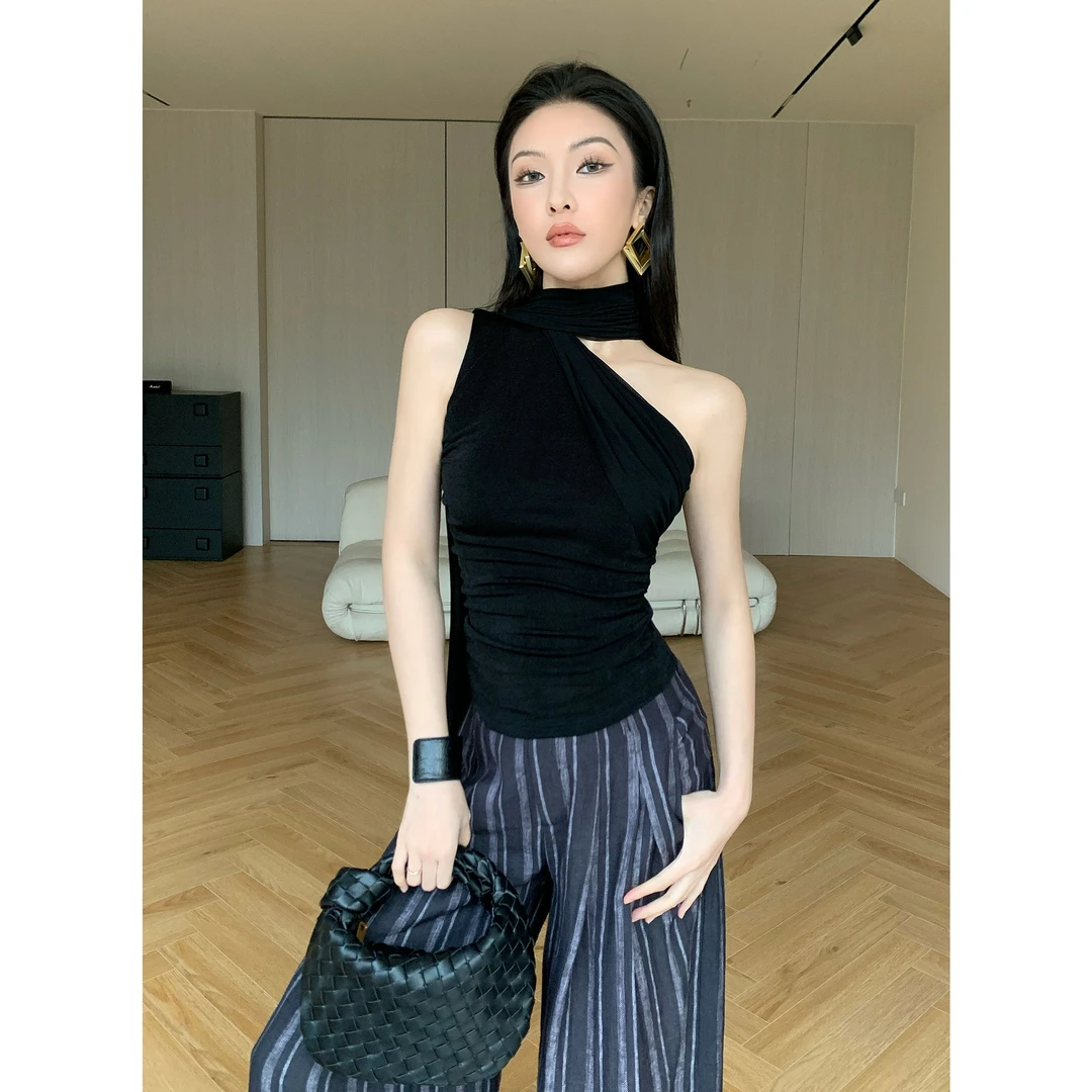 JIJINQI时尚夏季百搭显瘦修身辣妹挂脖无袖露肩上衣女JD04SZQM018