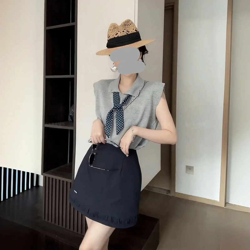 2025夏季新款毛针织衫圆领拼接衬衫无袖上衣T套装休闲高腰半身裙