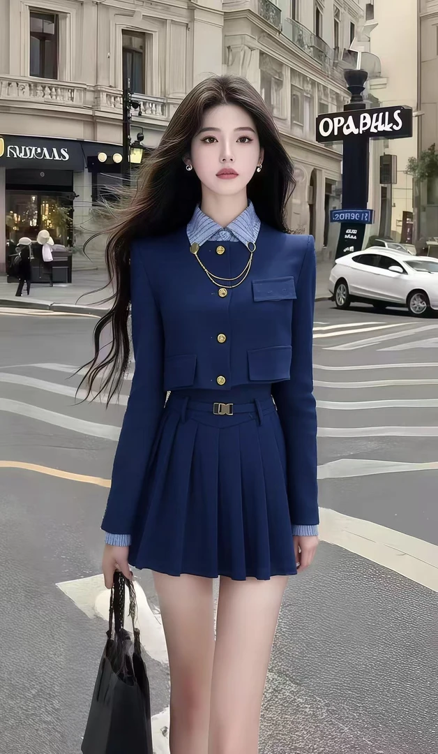 韩系氛围感早秋日常穿搭深蓝色长袖短款修身上衣+百搭半身裙套装