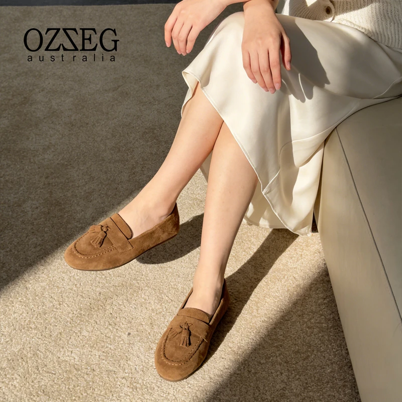 OZZEG2026春夏一脚蹬真皮平底流苏乐福鞋软底百搭豆豆鞋26C05