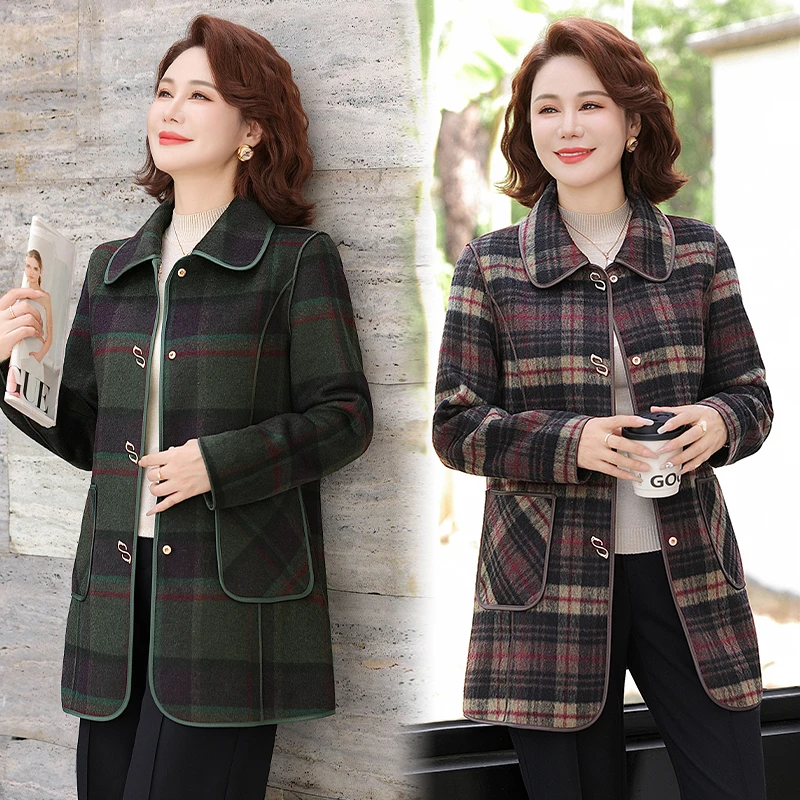 新款妈妈秋装双面呢格子外套洋气中老年春秋女装中长款呢子大衣