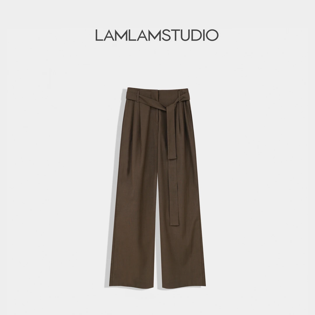 "褶裥棕迹"系带休闲裤高腰阔腿裤女秋冬 张一琳 L2411015K