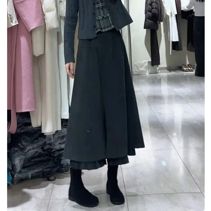 小个子黑色半身裙女2025年冬季新款爆款裤子高腰宽松百搭花边裙裤