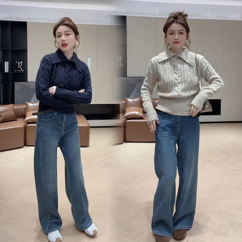 2025年秋冬季小众收腰长袖针织衫直筒牛仔裤子时尚减龄韩版两件套