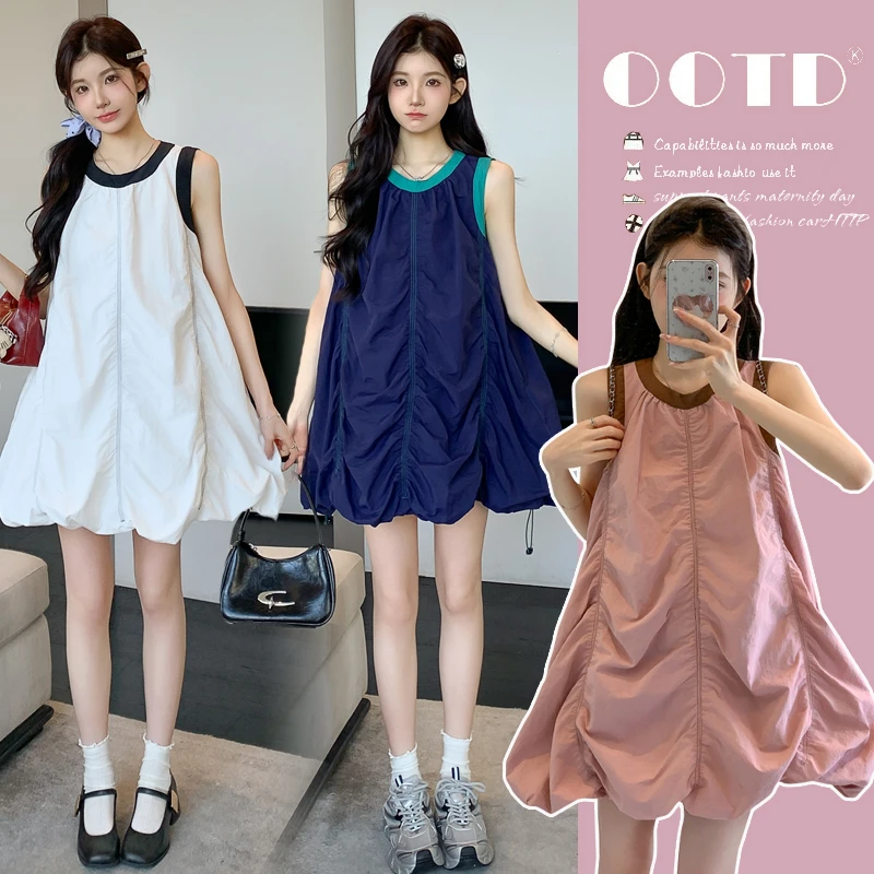 孕妇连衣裙2025新款孕妈妈穿搭慵懒风无袖撞色背心短裙小个子夏季