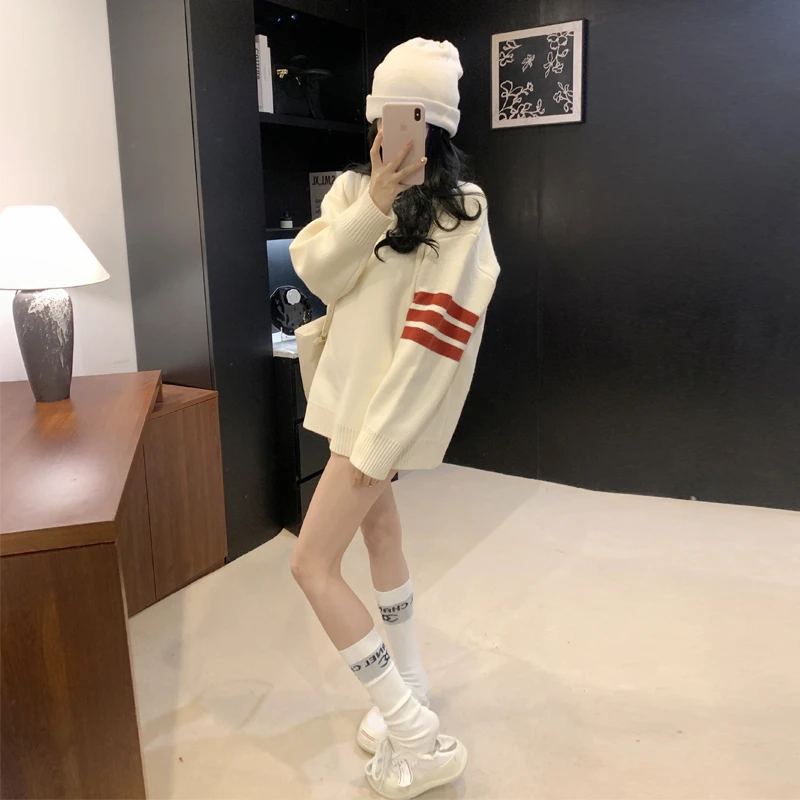 韩版慵懒风加厚毛衣女秋冬时尚宽松中长款长袖休闲减龄洋气针织衫