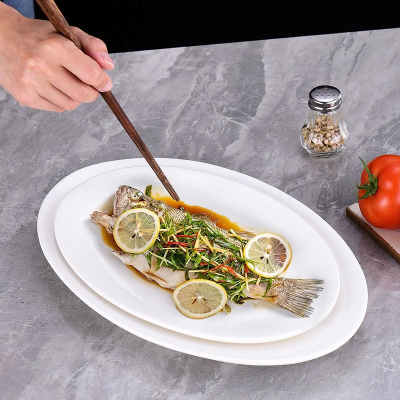 高档骨质瓷14英寸纯白家用餐厅酒店大鱼盘椭圆鱼盘日式简约鱼盘