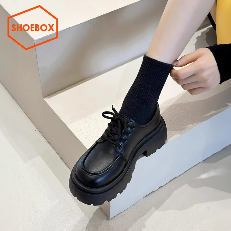 SHOEBOX日系复古小皮鞋女2025新款春季一脚蹬厚底乐福鞋女