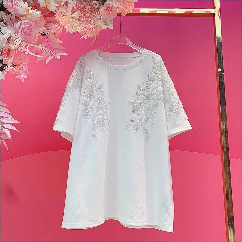 X21555欧美设计师2025早春新款重工刺绣亮片花朵休闲宽松百搭T恤