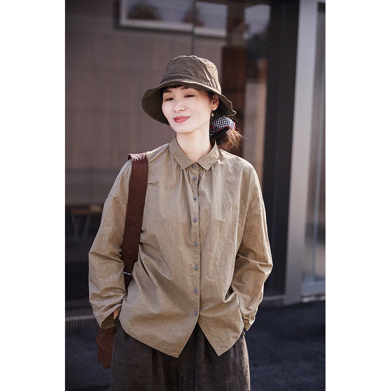 新款文艺复古原创女装春季流沙色高级感上衣小众纯棉百搭小衬衫