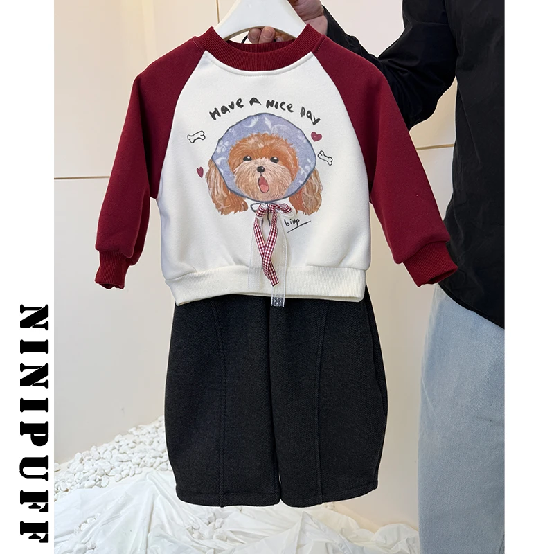 《NiniPuff》宝宝加绒卫衣女洋气百搭2025秋冬新女童上衣拼接圆领