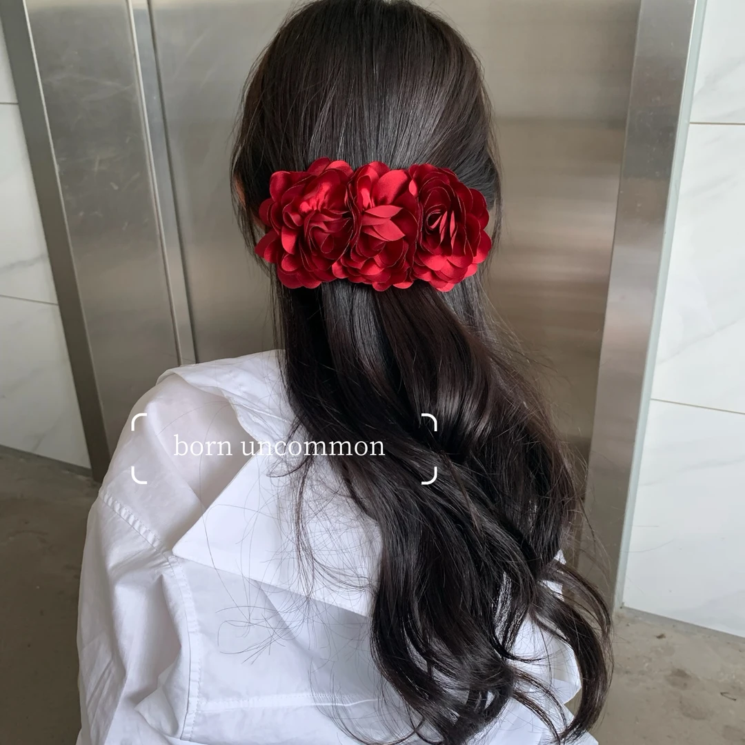 花花发夹红色花朵香蕉夹高端发饰女超大号盘发抓夹一字夹发夹