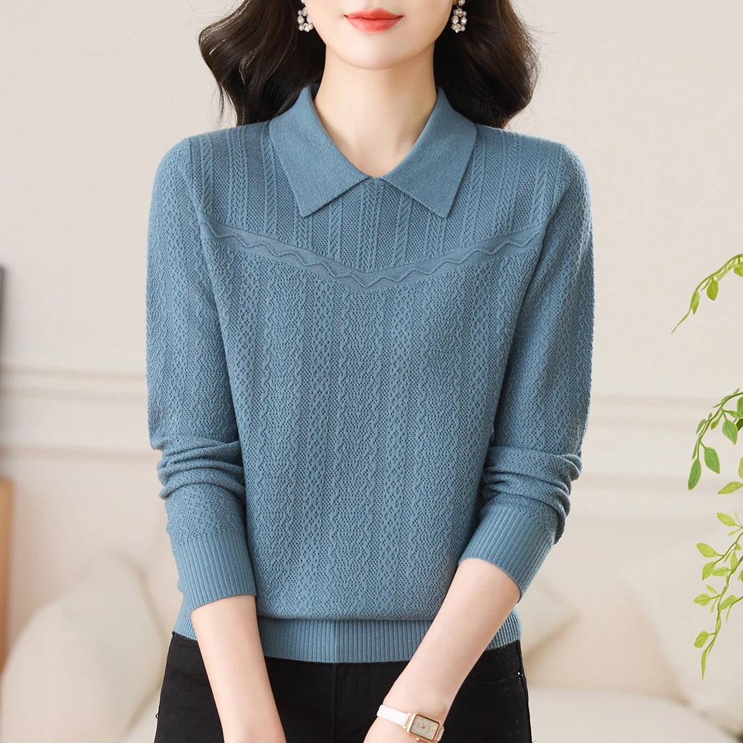 春秋新款重工提花翻领上衣女时尚百搭宽松显瘦长袖针织衫洋气休闲