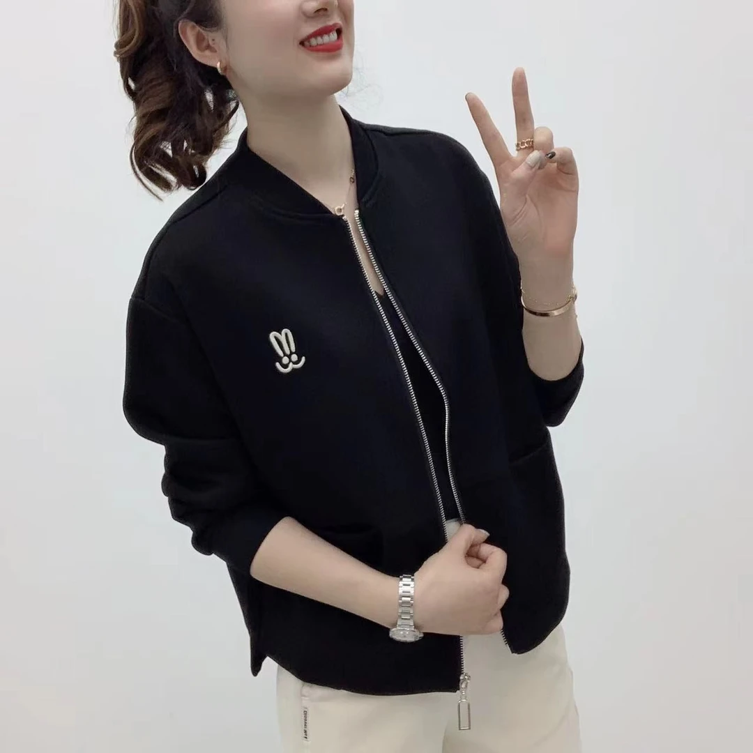 时尚百搭洋气宽松减龄棒球领卡通刺绣拉链女士外套