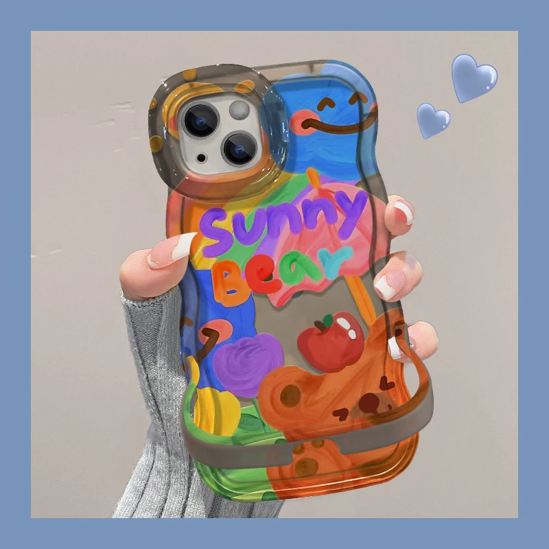 适用苹果15透明手机壳iPhone14涂鸦苹果小熊13波浪边隐形双支架12