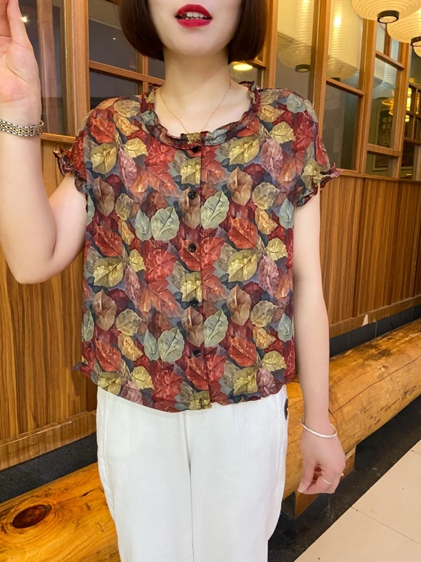 2025夏季时尚洋气新款简约花边领印花气质休闲百搭短袖