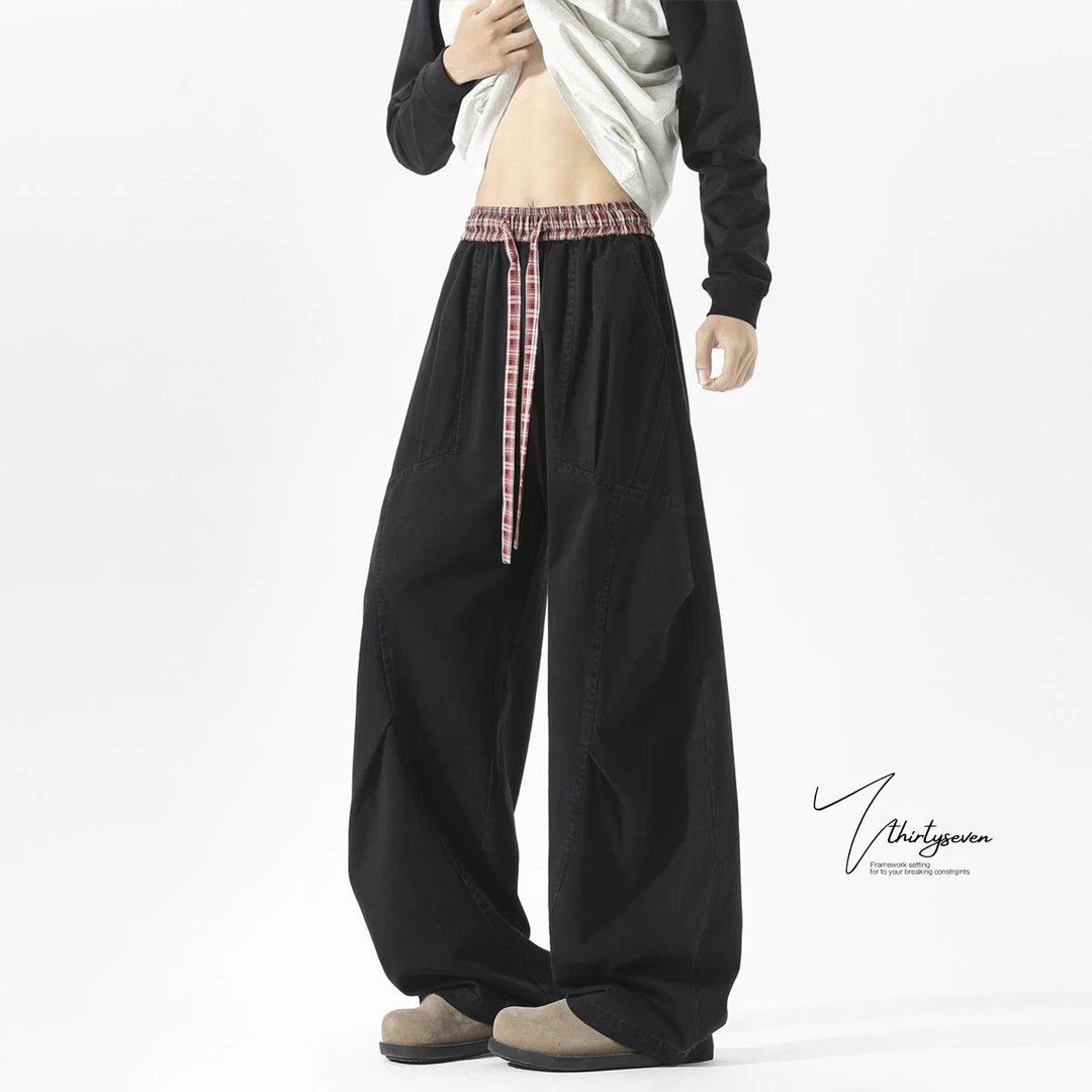 V37美式复古格子拼接休闲裤男款秋季潮牌高级感直筒裤户外运动裤