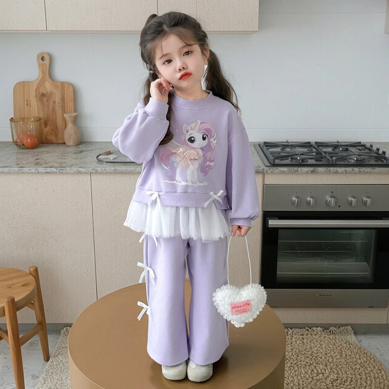 女童新款套装秋季潮流卡通小马印花儿童甜美蝴蝶结网纱卫衣套装