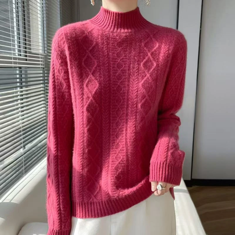 100%羊毛衫女秋冬季时尚七针加厚绞花针织衫半高领打底衫扭花毛衣