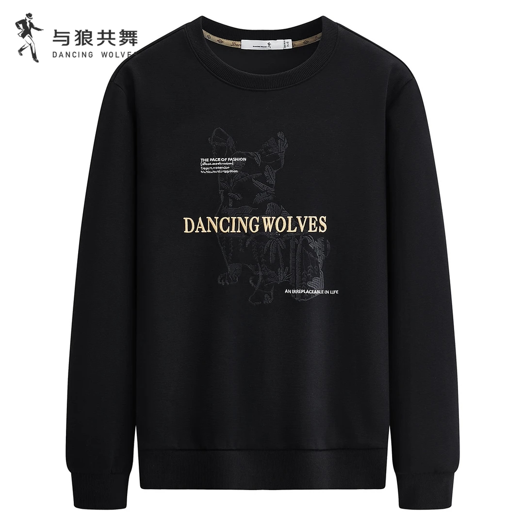 【抗静电】与狼共舞25年秋冬远红外恒温精致立体刺绣圆领抑菌卫衣男