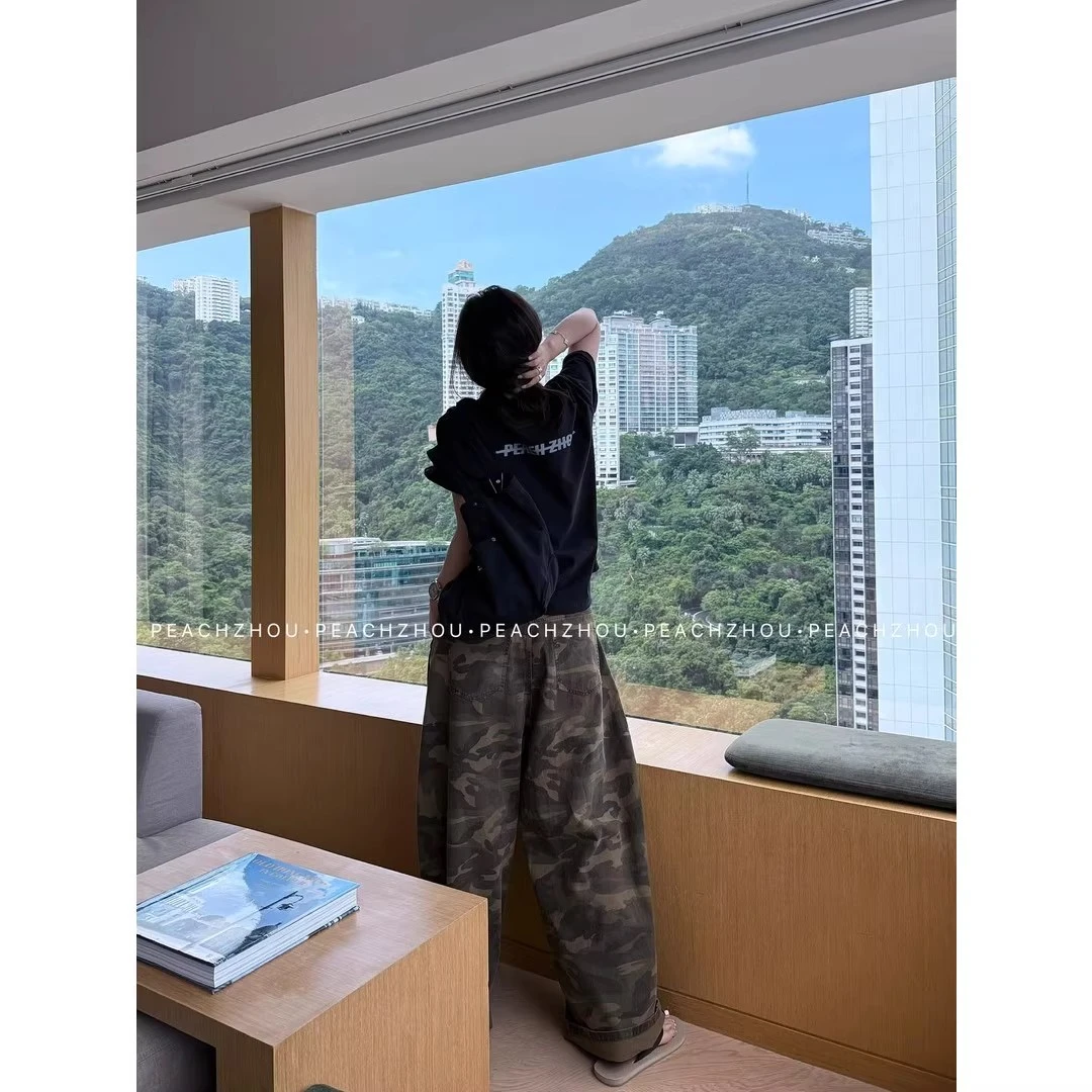 复古迷彩设计感简约2025阔腿牛仔百搭秋季宽松辣妹高腰直筒牛仔裤